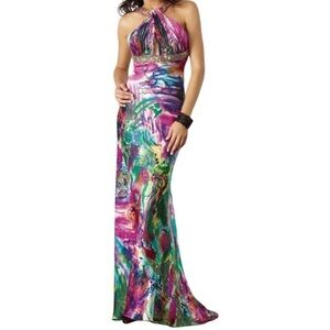 Dave & Johnny Formal Prom Dress Size 1/2 Beaded Abstract‎ Print Halter Neck